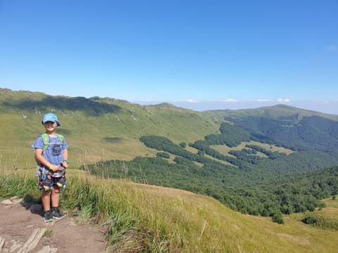 Leon nad szeroką doliną, w tle zalesione grzbiety Bieszczadów