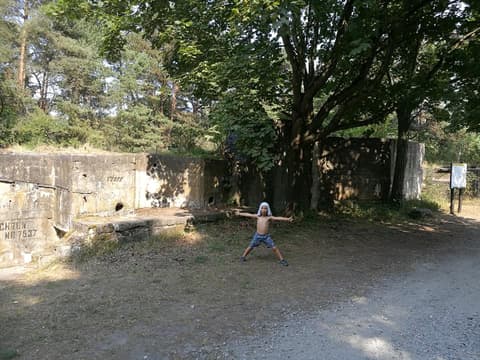 Leon z rozłożonymi rękami przed betonowymi ruinami schronu