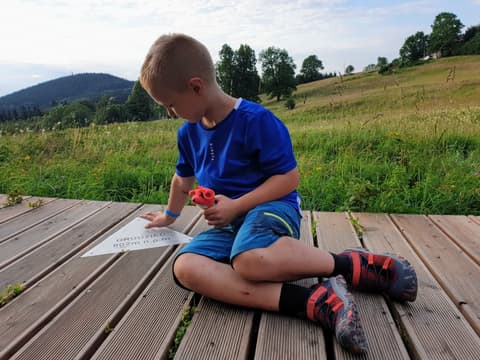 Leon na drewnianym pomoście z kartą wycieczki