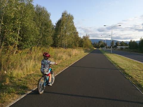 Leon jedzie ścieżką rowerową wzdłuż drogi