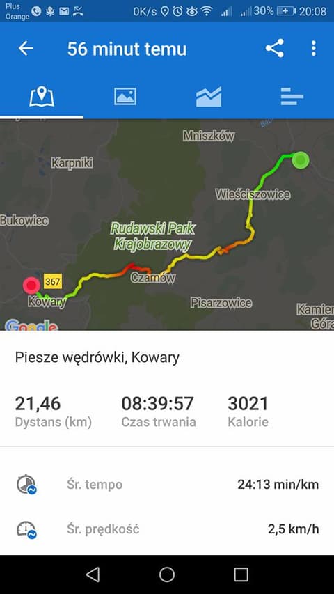 Zrzut z aplikacji z zapisem trasy: 21,46 kilometra