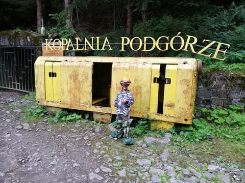 Leon przy żółtym wagoniku pod napisem Kopalnia Podgórze