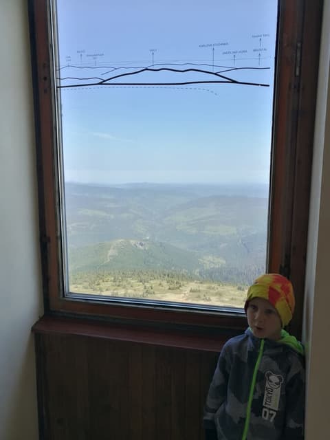 Leon przy oknie wieży z rysunkiem panoramy szczytów