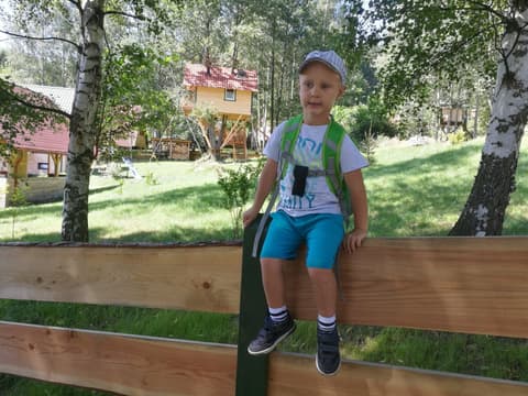 Leon siedzi na drewnianym płocie przy domkach