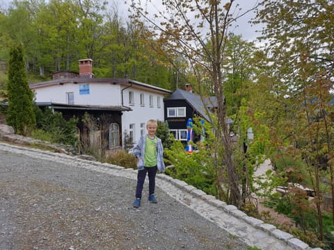 Leon na drodze przed drewnianym pensjonatem