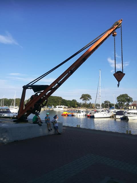 Leon pod zabytkowym dźwigiem portowym nad mariną