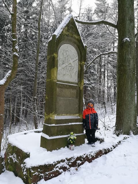 Leon przy kamiennej kapliczce z płaskorzeźbą, zimowy las