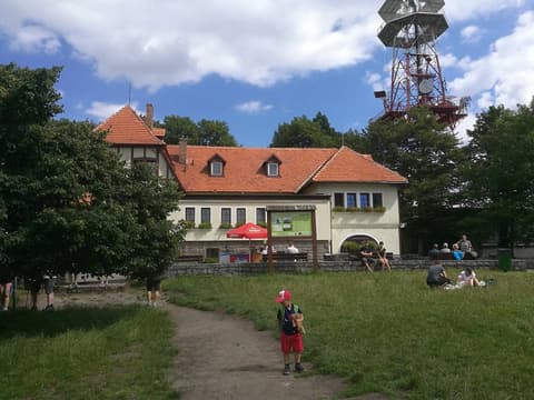 Leon przed schroniskiem na Ślęży, obok maszt przekaźnika
