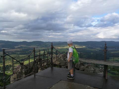 Leon na metalowej platformie widokowej nad kotliną