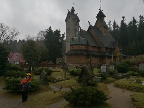 Leon przed Świątynią Wang w Karpaczu